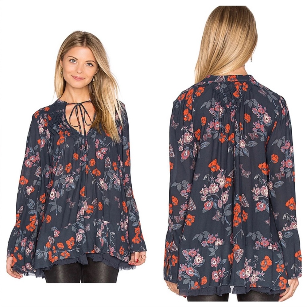 Free People Tunic Top Womens XS Navy Blue Floral So Fine Pebble Crepe Frayed Hem - Picture 2 of 12